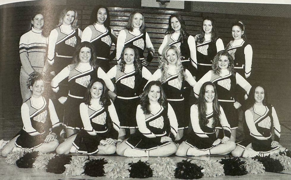 Rep. Lauren Boebert (R-CO), then Lauren Roberts (front row, far right), as a sophomore cheerleader at Rifle High School in Colorado before dropping out. (Rifle High School yearbook)