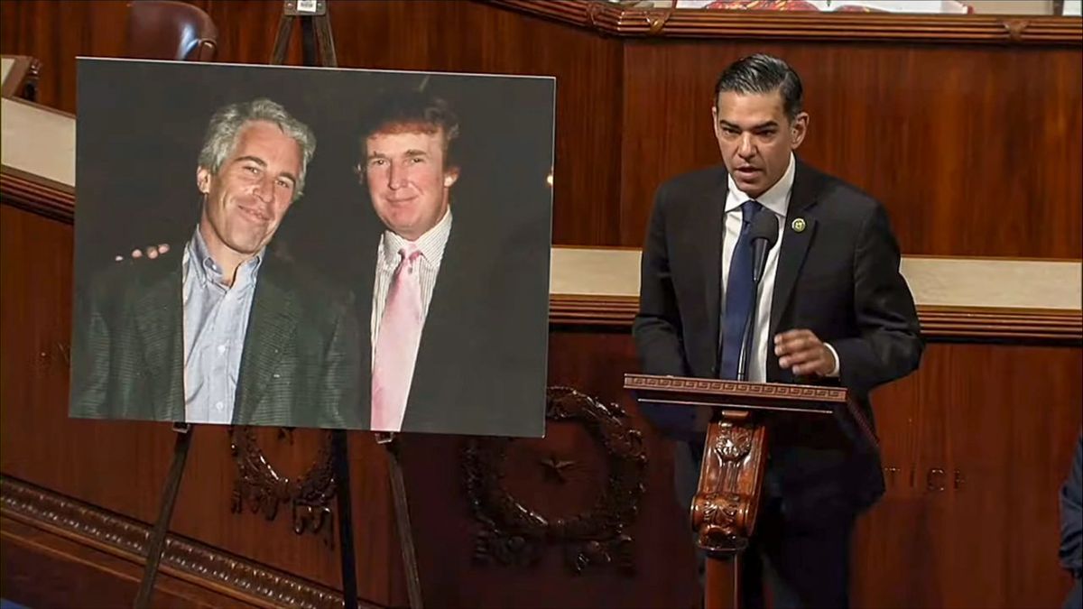 'Disgusting': Dem displays poster of Trump chumming with Epstein on House floor
