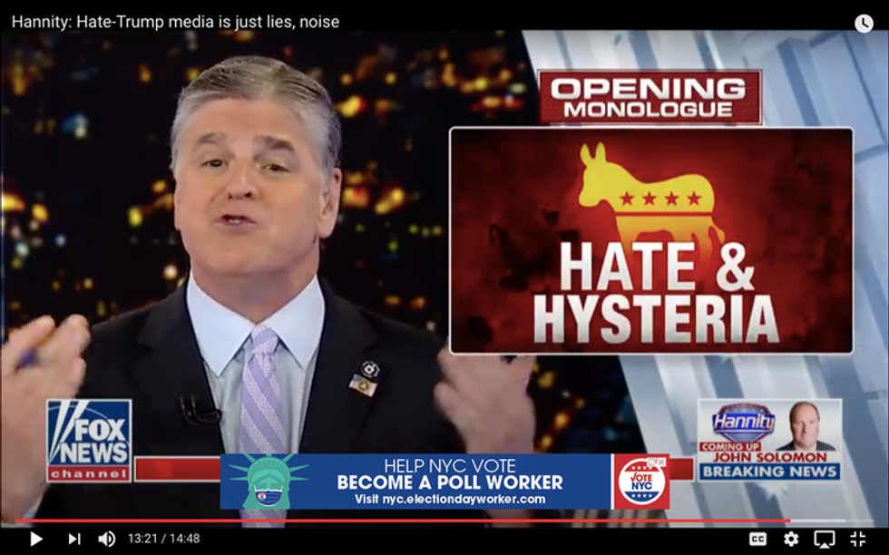 Screenshot of Sean Hannity on Fox News with text reading 'Hate & Hysteria' across the Democratic donkey symbol