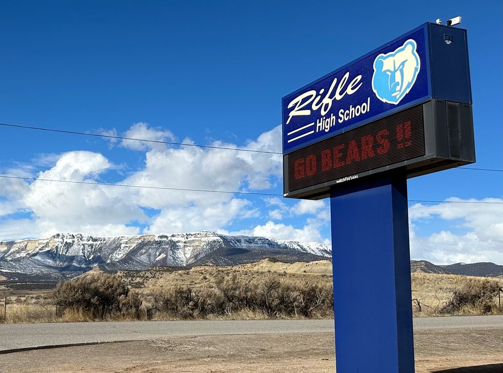 Sign at Rifle High School in Rifle, Colo., where Rep. Lauren Boebert (R-CO), then Lauren Roberts, went to high school before dropping out. (Mark Alesia)