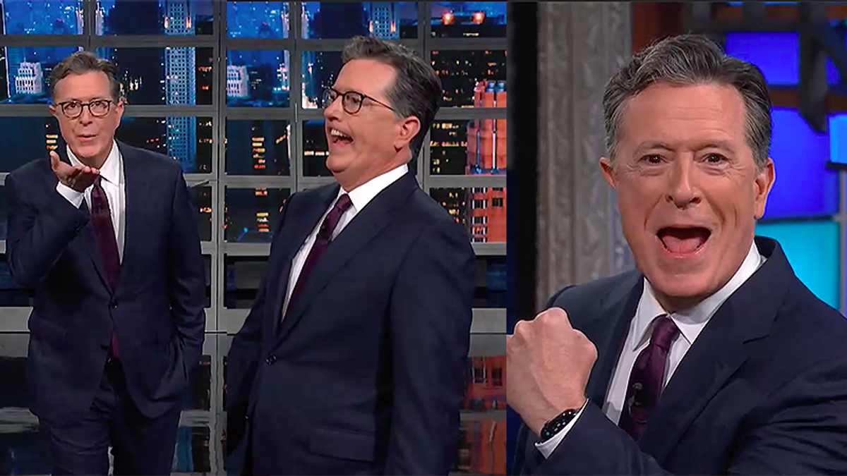 Colbert's audience goes wild as he recaps Trump's indictments and mugshot of an 'anger-glazed ham'