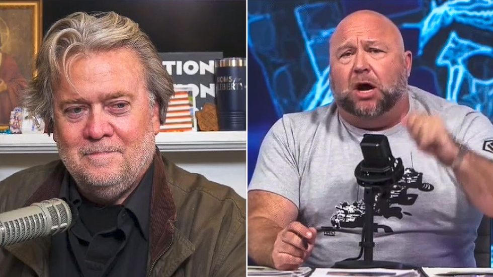 'You're even more in the crosshairs': Alex Jones comforts Steve Bannon as DOJ seeks jail time