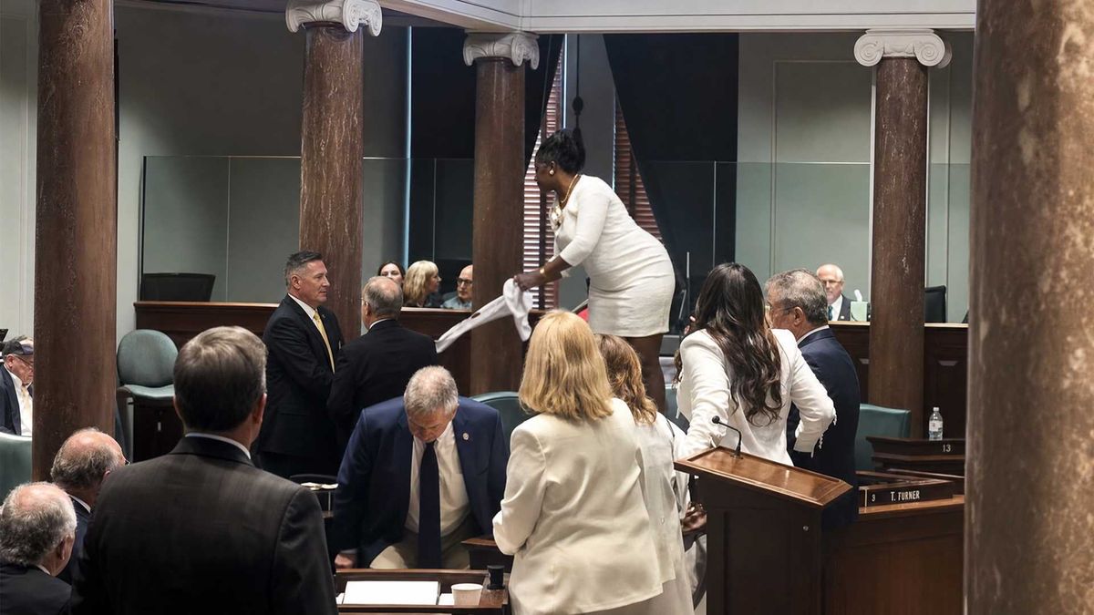 Red state Senate Sergeant at Arms forcibly yanks 'Jim Crow' banner from Black senator