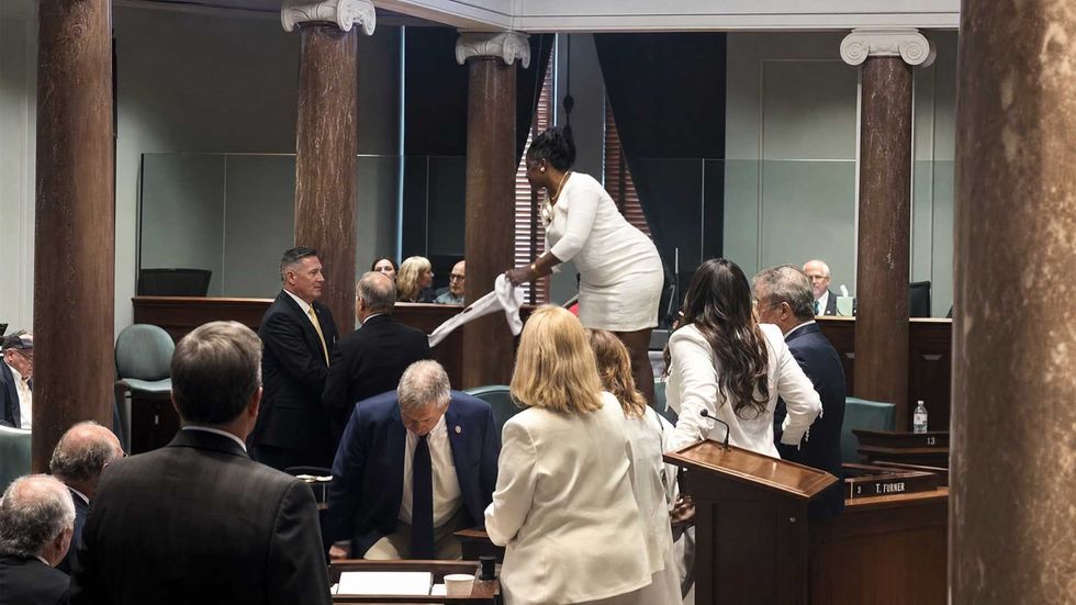Red state Senate Sergeant at Arms forcibly yanks 'Jim Crow' banner from Black senator