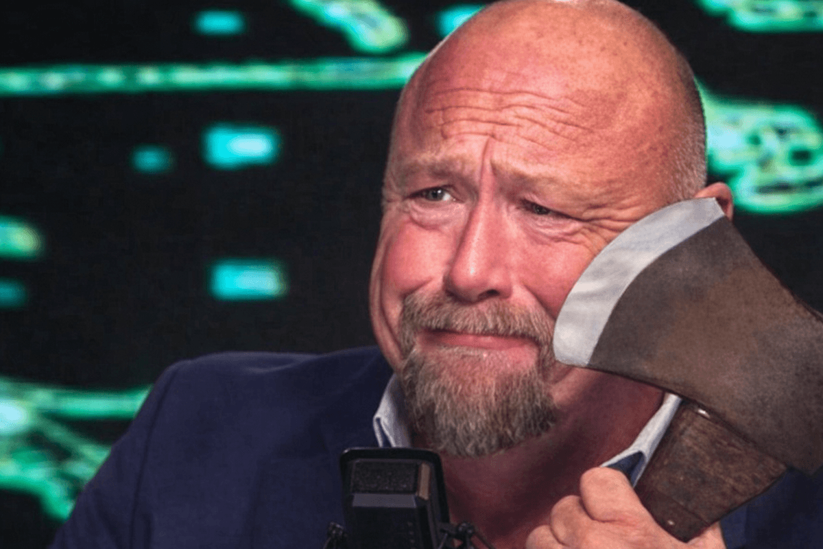 Alex Jones cradles battle axe while weeping on air over Trump's 'demonic spell'