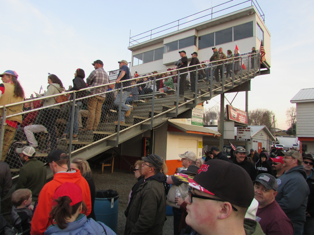 Truckers convoy supporters gather at Hagerstown Speedway.
