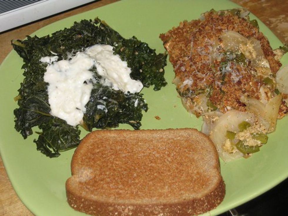 Turnip gratin, greens, bread