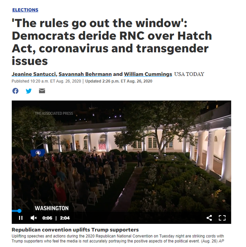 USA Today: 'The rules go out the window': Democrats deride RNC over Hatch Act, coronavirus and transgender issues