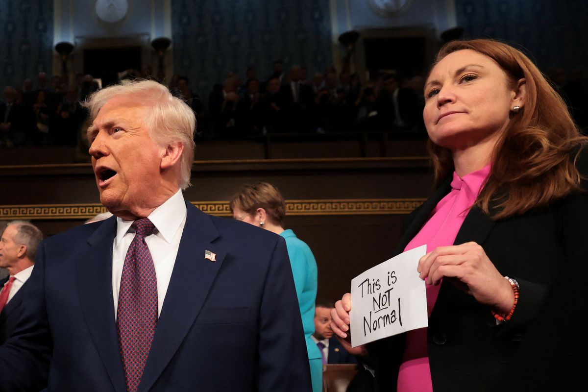 GOP lawmaker rips protest sign out of Dem's hand moments before Trump speech: video